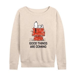 Women's - Peanuts - Good Things Are Coming Lightweight French Terry Wide Neck Long Sleeve Shirt - 1 of 4