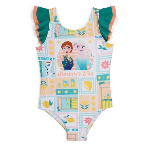 Disney Frozen Little Girls UPF 50+ One Piece Bathing Suit Teal Green / Coral Peach 5-6