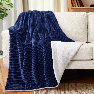 Navy Blue Reversible Sherpa Fleece Throw Blanket