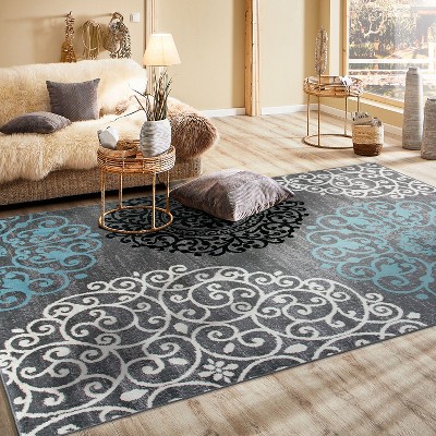 Gray and Blue Floral Synthetic Area Rug