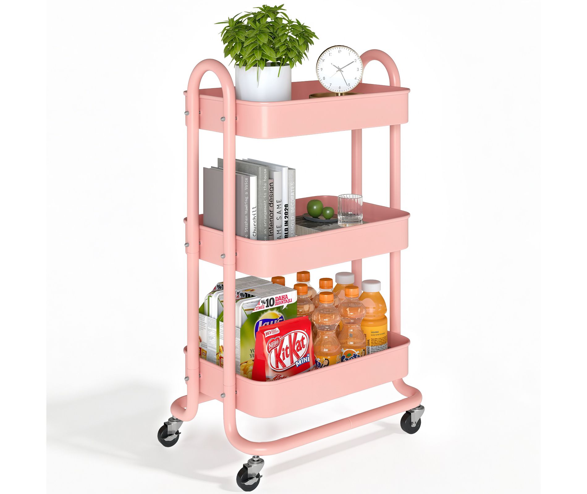 3-Tier Metal Rolling Utility Cart with Lockable Wheels, Pink