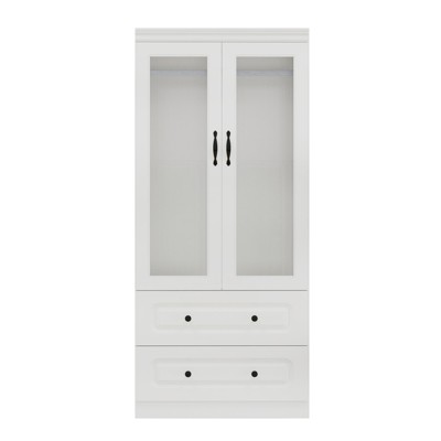 Keloyid White Wood 31.5 in. Armoire with 2 Drawers and 2 Glass Doors