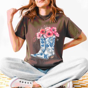 Simply Sage Market Cowboy Boots Floral Garment Dyed Tee - 1 of 4