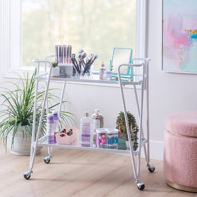 Linon Lawsonia Sleek 2-Tier White Iron Bar Cart with Mirrored Shelves