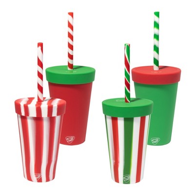 Silipint: Silicone 16 oz Straw Tumbler:4 Pk - Peppermint, Poinsettia, Classic Red & Green