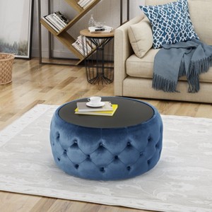 Okak Exquisite Round Velvet Storage Ottoman Bench Button-tufted Coffee Table with Glass Desktop Panel Footrest for Living Room Bedroom, Dark Blue - 1 of 4