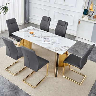 NicBex 5 PCS/7 PCS Cold Jade Patterned Sintered Stone Dining Table Set with 4 Black PU Chairs for Kitchen/Apartment