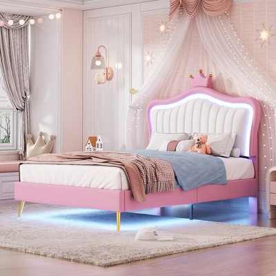 Twin Size Bed With LED Lights Modern Twin Size Upholstered Princess Bed Frame With Crown Headboard