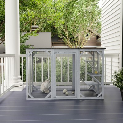 Large Gray Wooden Outdoor Cat House with Asphalt Roof