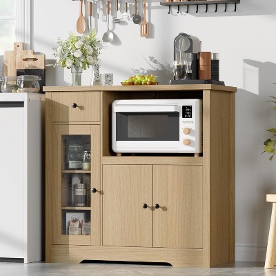 Kitchen Microwave Cabinet with Storage & Drawers, Small Buffet Cabinet with Glass Doors & Adjustable Shelf, Wooden Sideboard