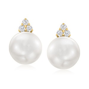Ross-Simons 8.5-9mm Cultured Pearl and .16 ct. t.w. Diamond Drop Earrings in 14kt Yellow Gold - 1 of 4