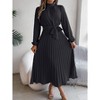 Women Pleated Dress Long Sleeve Stand Up Collar A-Line Flowing Dress With Belt - 2 of 4
