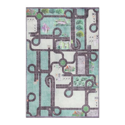 Image of Country Road Non-Slip Kids Playroom Nursery Washable Indoor Area Rug, 2'x3', Pine Green - Blue Nile Mills
