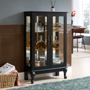 KTMBDW Cabinet with Glass Doors, Wood Display Cabinet with Mirrored Back Panel and Adjustable Shelves for Living Room (Light Bulb Included) - 1 of 4