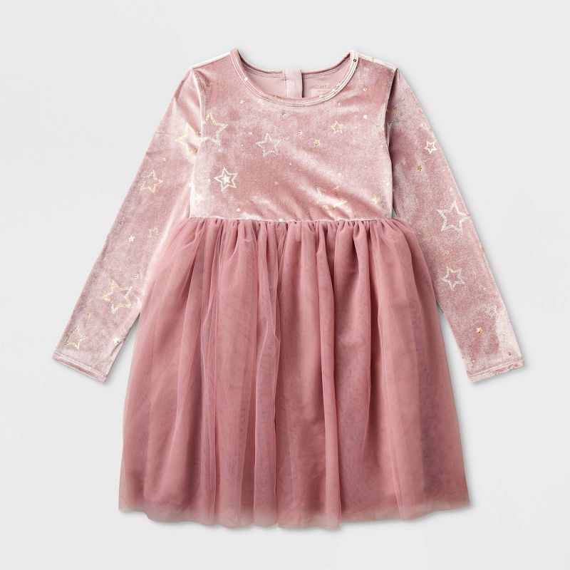 Girls&#39; Adaptive Long Sleeve Star Velour to Tulle Dress - Cat &#38; Jack&#8482; Dusty Pink, 1 of 6