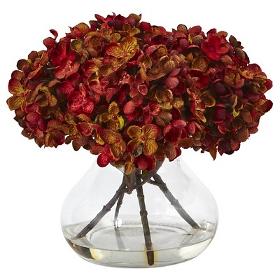 8.5"H Hydrangea Silk Flower Arrangement with Glass Vase - Nearly Natural