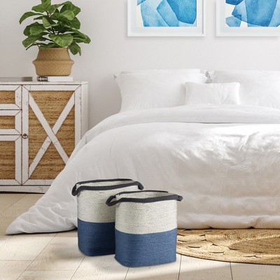 Natural and Blue Seagrass Storage Basket Set with Cotton Liners