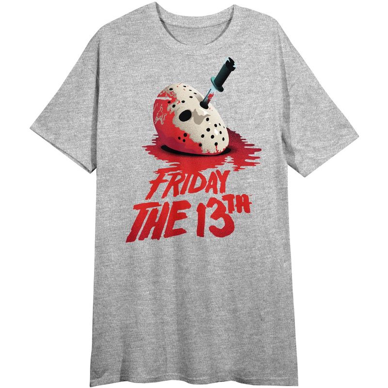 Friday the 13th Bloody Mask and Title Logo Women's Gray Graphic Sleep Shirt, 1 of 4