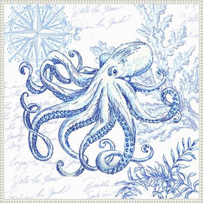 Coastal Sketchbook Octopus Blue and White Canvas Wall Art