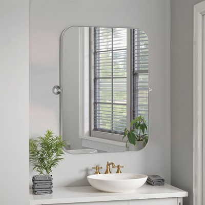 80cm Silver-White Iron Rectangular Mirror with Rounded Corners and Rotating Hardware, 2.5cm Depth