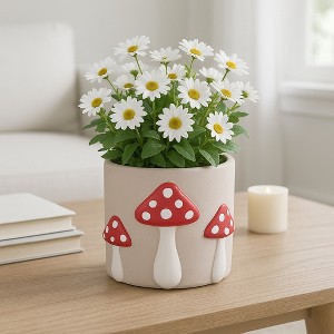 Mushroom Planter Pot with Drainage Hole - 6" Red Cement Pottery Plant Container for Indoor & Outdoor Garden, Rustic Boho Decorative Flower Pot - 1 of 4