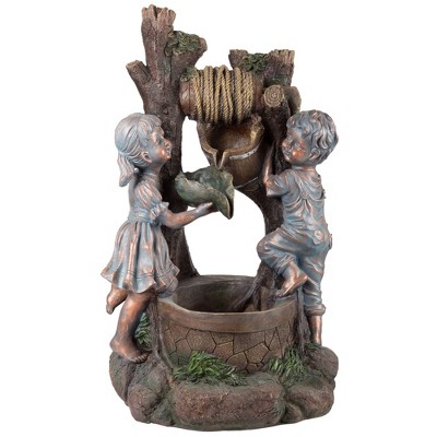 Nature Spring Outdoor Water Fountain Statue - Children at Well with LED Lights - 30", Brown