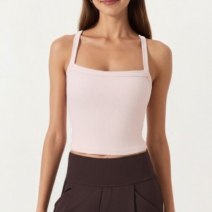 Anna-Kaci Active Women's Square Neck Ribbed Knit Cropped Tank Top with Wide Shoulder Straps - 1 of 4