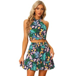 Allegra K Women's Floral Halter Neck Sleeveless Crop Top with Short Skirt 2 Piece Outfits Set - 1 of 4