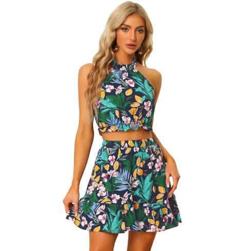 Allegra K Women's 2 Piece Outfits Floral Halter Neck Sleeveless Crop Top  with Short Skirt Set Dark Blue X-Small