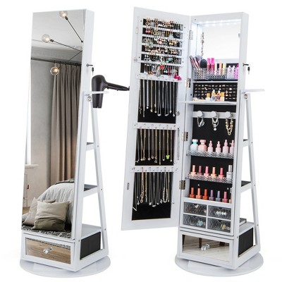 Tangkula 360° Swivel Jewelry Cabinet Full Length Mirror w/Built-in Lights