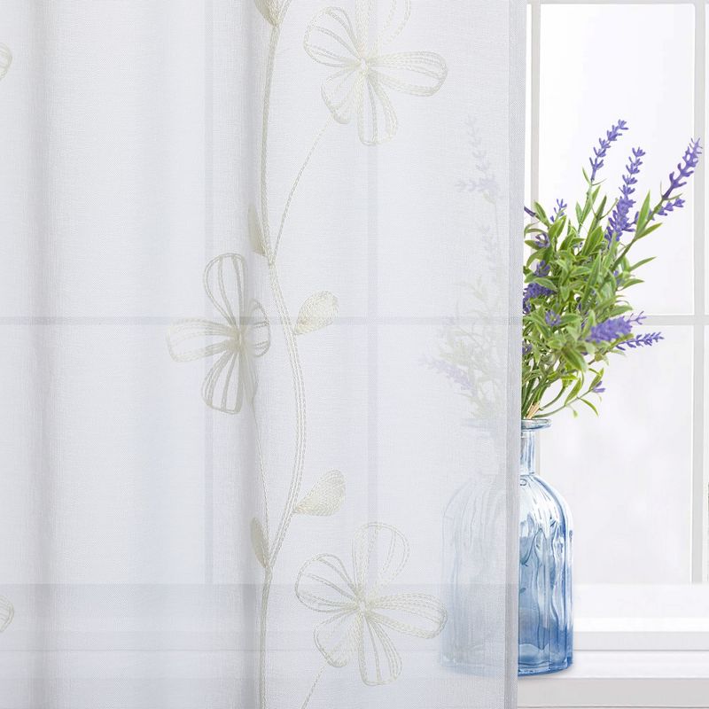 Whizmax Sheer Floral Embroidered Small Curtains Rod Pocket Kitchen Window Treatment, 2 of 6