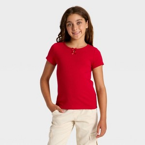 Girls' Short Sleeve Ribbed Bow Front T-Shirt - Cat & Jack™ - 1 of 3