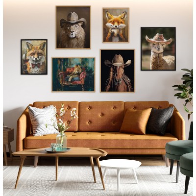 Majestic Lion Portrait in Rich Jewel Tones with Natural Wood Frame