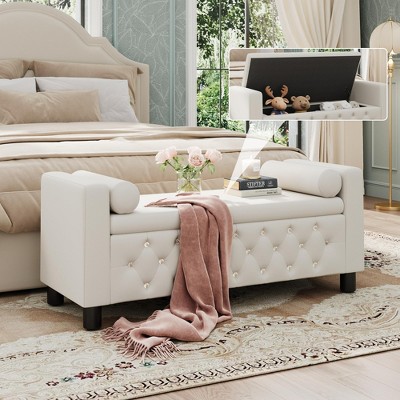 55" Storage Bench Ottoman, Linen Upholstered End of Bed Bench