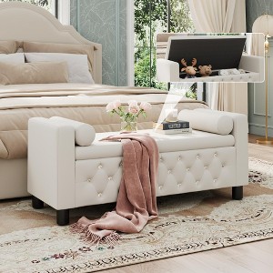 55" Storage Bench Ottoman, Linen Upholstered End of Bed Bench - 1 of 4