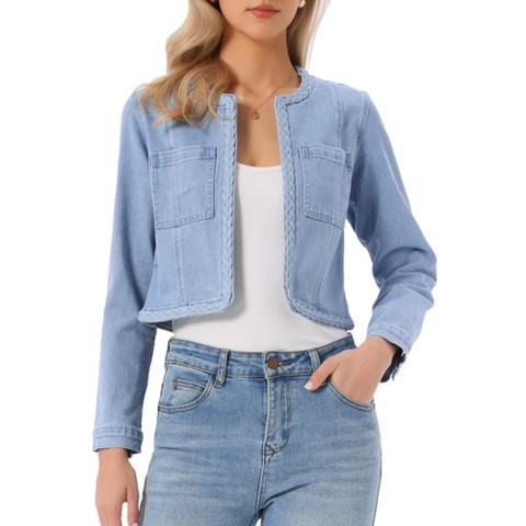INSPIRE CHIC Women's Denim Collarless Long Sleeve Pockets Open Front Crop Jean Jackets Medium Light Blue