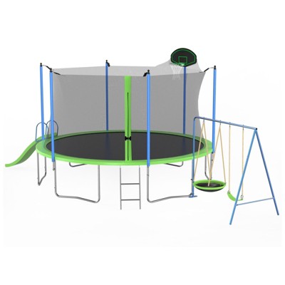 VisioGear Trampoline, 12FT Trampoline with Slide and Swings, Large Recreational Trampoline with Basketball Hoop and Ladder, Green, 254*144*121.2
