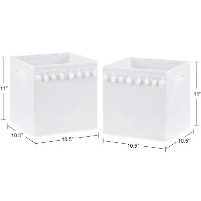 White Fabric Foldable Storage Bins with Pom Pom Trim, Set of 2