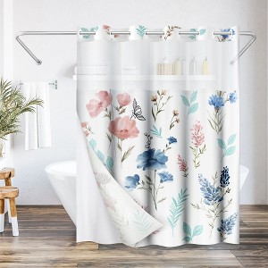 Americanflat 72x75 Hookless Shower Curtain - Floral Blue and Pink Shower Curtain with Sheer Panel, Snap-In Liner, and Grommets - 100% Polyester - 1 of 4