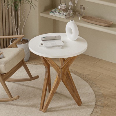 JIONJOY Modern Farmhouse Pedestal End Table - Distressed Round Side Table with Star Tripod Base for Living Room