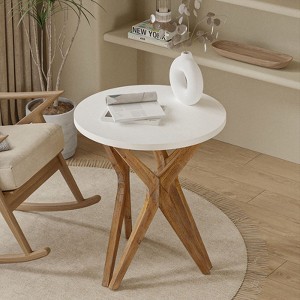 JIONJOY Modern Farmhouse Pedestal End Table - Distressed Round Side Table with Star Tripod Base for Living Room - 1 of 2