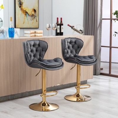 SKRAN Adjustable Swivel Bar Stools Set of 2,Velvet Upholstered with Back Pull Ring and Metal Footrest for  Dining Room and Pub