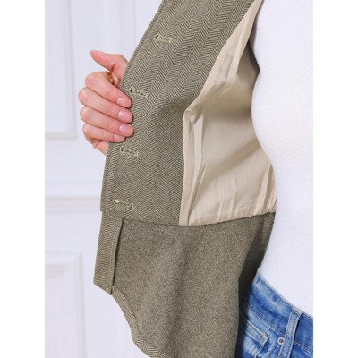 INSPIRE CHIC Women Vintage Crew Neck Herringbone Long Sleeve Button Down Ruffled Hem Business Casual Jackets Large Brown Khaki — фото 5