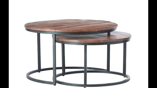Woodruff Mixed Material Hand Carved Wood and Metal Round Nesting Coffee Table Brown - Powell, 2 of 10, play video