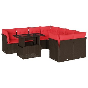 vidaXL Patio Sofa Set with Cushions Modular Outdoor Seating 9 Piece Poly Rattan - Brown without storage - 1 of 4