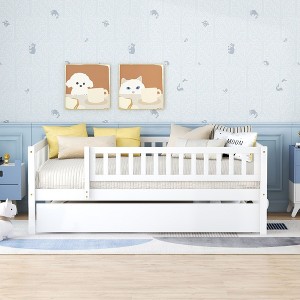 PAGED Twin Size Daybed Modern Simple Wooden Bed Frame with Trundle, Guardrail and Opening for Bedroom, Living - 1 of 4