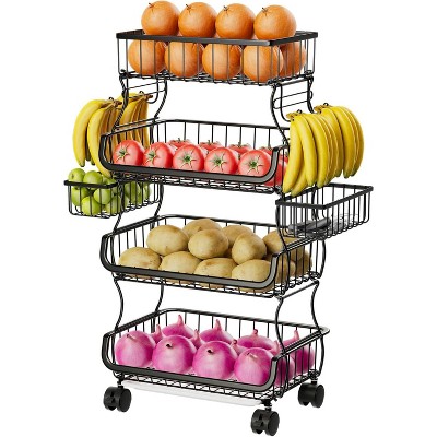 4 Tier Rolling Cart with Wheels, Stackable Fruit Vegetable Basket with 2 Hanging Basket, Kitchen Storage
