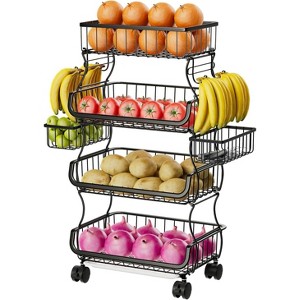 4 Tier Rolling Cart with Wheels, Stackable Fruit Vegetable Basket with 2 Hanging Basket, Kitchen Storage - 1 of 4