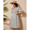 Women's Maternity Dress Square Neck Smocked Waist Puff Sleeve Floral Print Casual Midi Dress - 4 of 4