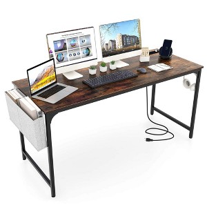 Costway 60" Modern Computer Desk with Charging Station with Storage Bag & Headphone Hook Borwn - 1 of 4